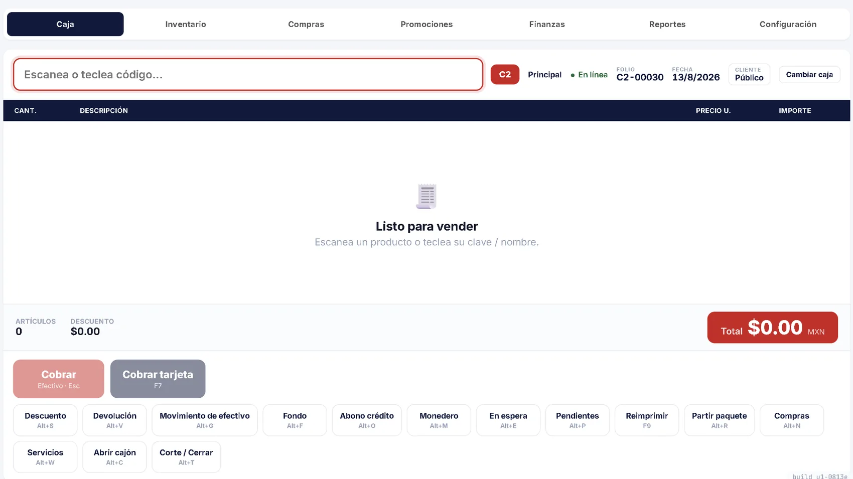 Pantalla real del punto de venta de UNOPLUS