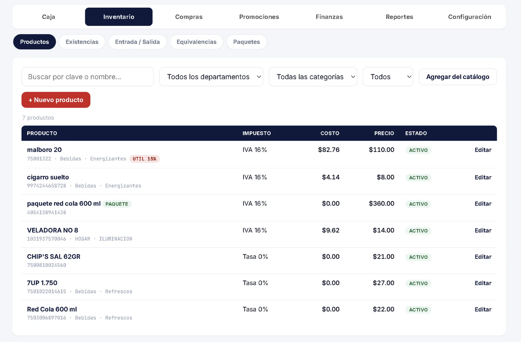 Pantalla real del módulo Inventario de UNOPLUS